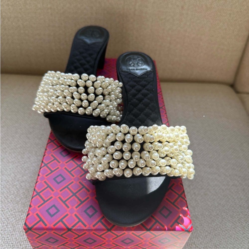 Tory Burch Tatiana Elegant Slide Sandals Black Satin Pearls, 6.5